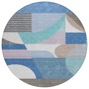 HomeRoots 5' Modern Geometric Area Rug in Sky Blue, Teal, and Brown - Washable, Durable for Indoor & Outdoor Use 8' Round 616744