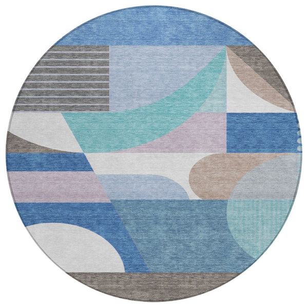 HomeRoots 5' Modern Geometric Area Rug in Sky Blue, Teal, and Brown - Washable, Durable for Indoor & Outdoor Use 8' Round 616744