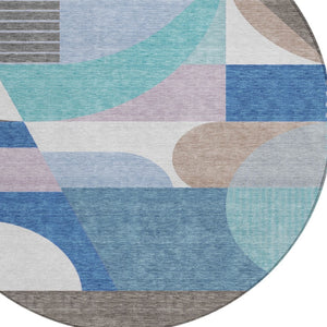 HomeRoots 5' Modern Geometric Area Rug in Sky Blue, Teal, and Brown - Washable, Durable for Indoor & Outdoor Use 8' Round 616744