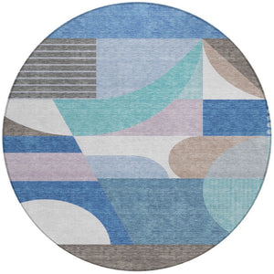 HomeRoots 5' Modern Geometric Area Rug in Sky Blue, Teal, and Brown - Washable, Durable for Indoor & Outdoor Use 8' Round 616744