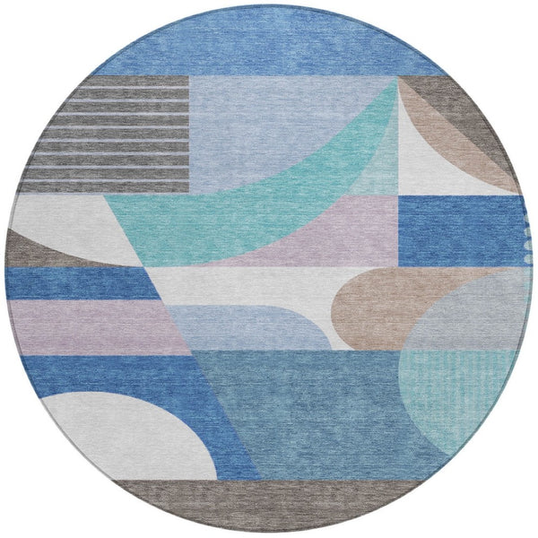 HomeRoots 5' Modern Geometric Area Rug in Sky Blue, Teal, and Brown - Washable, Durable for Indoor & Outdoor Use 8' Round 616744