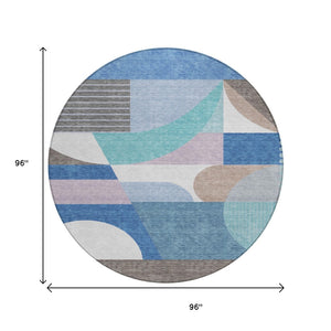 HomeRoots 5' Modern Geometric Area Rug in Sky Blue, Teal, and Brown - Washable, Durable for Indoor & Outdoor Use 8' Round 616744
