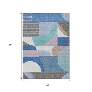 HomeRoots 5' Modern Geometric Area Rug in Sky Blue, Teal, and Brown - Washable, Durable for Indoor & Outdoor Use 8' X 10' 616745