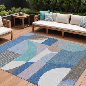 HomeRoots 5' Modern Geometric Area Rug in Sky Blue, Teal, and Brown - Washable, Durable for Indoor & Outdoor Use 8' X 10' 616745
