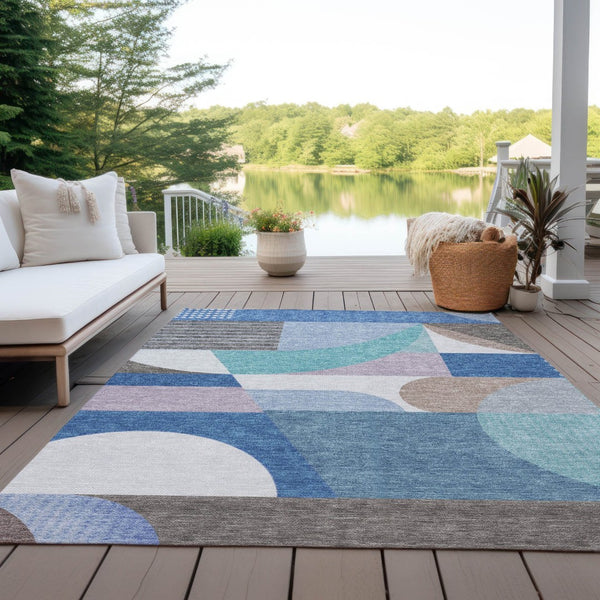 HomeRoots 5' Modern Geometric Area Rug in Sky Blue, Teal, and Brown - Washable, Durable for Indoor & Outdoor Use 8' X 10' 616745