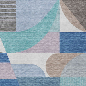 HomeRoots 5' Modern Geometric Area Rug in Sky Blue, Teal, and Brown - Washable, Durable for Indoor & Outdoor Use 8' X 10' 616745