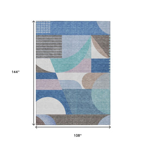 HomeRoots 9' X 12' Modern Geometric Indoor Outdoor Area Rug in Sky Blue, Teal & Brown - Washable & Durable! 616746