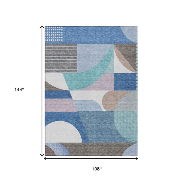 HomeRoots 9' X 12' Modern Geometric Indoor Outdoor Area Rug in Sky Blue, Teal & Brown - Washable & Durable! 616746