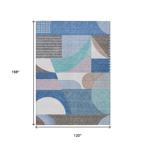 HomeRoots 5' Modern Geometric Area Rug in Sky Blue, Teal, and Brown - Washable, Durable for Indoor & Outdoor Use 10' X 14' 616747