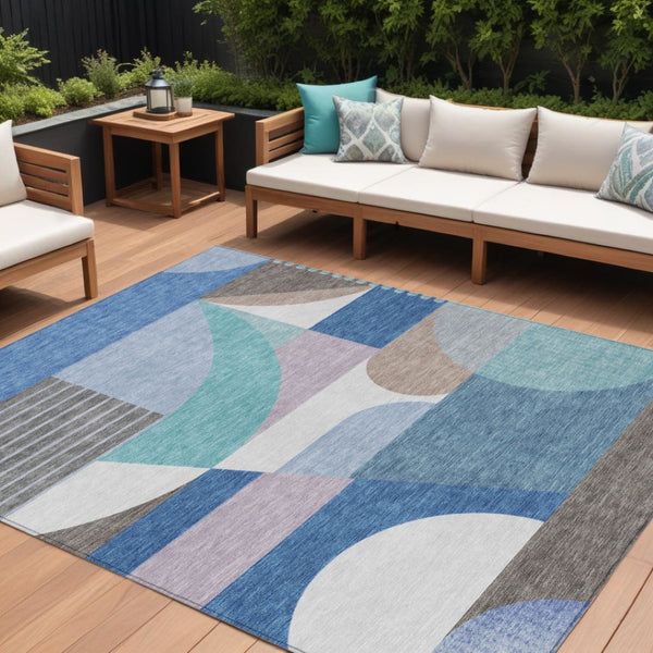 HomeRoots 5' Modern Geometric Area Rug in Sky Blue, Teal, and Brown - Washable, Durable for Indoor & Outdoor Use 10' X 14' 616747