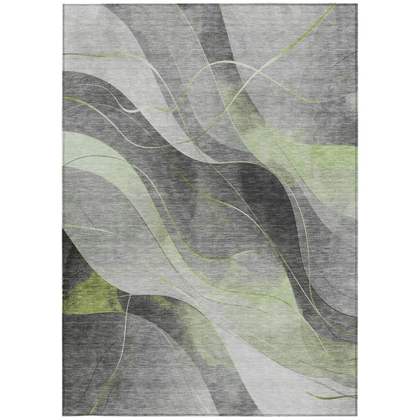 HomeRoots 5' Versatile Artichoke Green Gray Silver Abstract Rug - Durable, Washable for Indoor & Outdoor Use 5' X 8' 616749