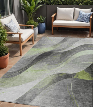 HomeRoots 5' Versatile Artichoke Green Gray Silver Abstract Rug - Durable, Washable for Indoor & Outdoor Use 5' X 8' 616749
