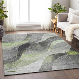 HomeRoots 5' Versatile Artichoke Green Gray Silver Abstract Rug - Durable, Washable for Indoor & Outdoor Use 5' X 8' 616749