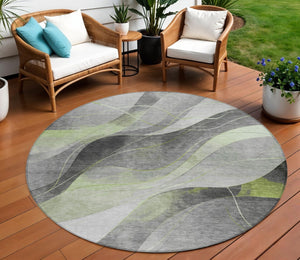 HomeRoots 5' Versatile Artichoke Green Gray Silver Abstract Rug - Durable, Washable for Indoor & Outdoor Use 8' Round 616750