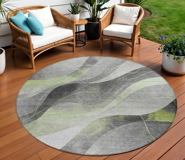 HomeRoots 5' Versatile Artichoke Green Gray Silver Abstract Rug - Durable, Washable for Indoor & Outdoor Use 8' Round 616750