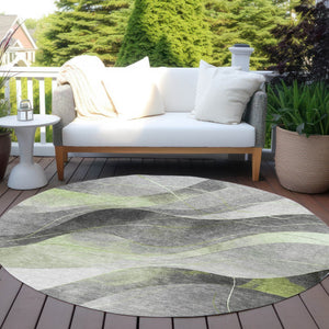 HomeRoots 5' Versatile Artichoke Green Gray Silver Abstract Rug - Durable, Washable for Indoor & Outdoor Use 8' Round 616750