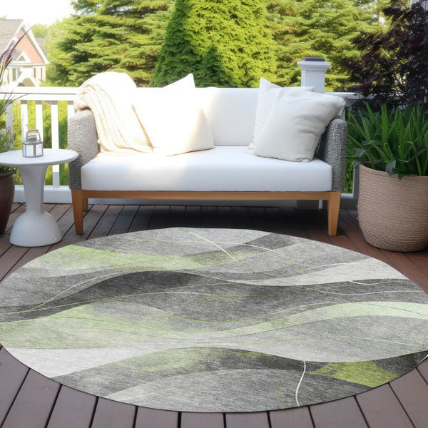 HomeRoots 5' Versatile Artichoke Green Gray Silver Abstract Rug - Durable, Washable for Indoor & Outdoor Use 8' Round 616750