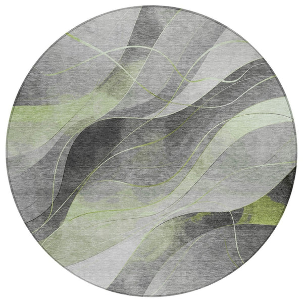 HomeRoots 5' Versatile Artichoke Green Gray Silver Abstract Rug - Durable, Washable for Indoor & Outdoor Use 8' Round 616750