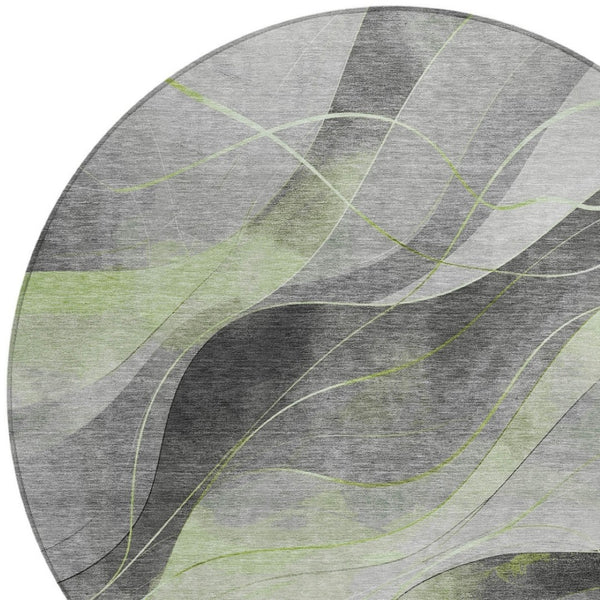HomeRoots 5' Versatile Artichoke Green Gray Silver Abstract Rug - Durable, Washable for Indoor & Outdoor Use 8' Round 616750