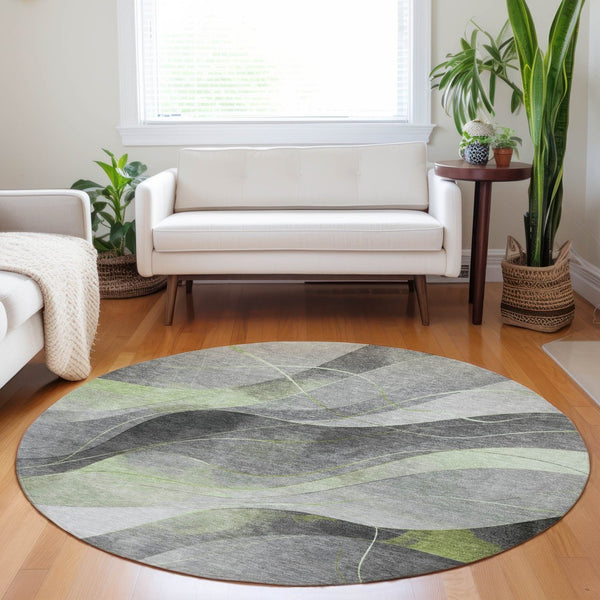 HomeRoots 5' Versatile Artichoke Green Gray Silver Abstract Rug - Durable, Washable for Indoor & Outdoor Use 8' Round 616750