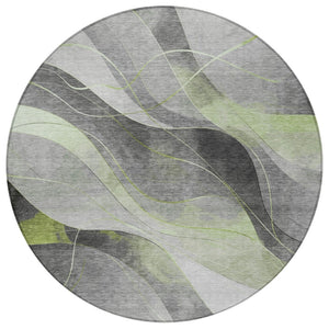 HomeRoots 5' Versatile Artichoke Green Gray Silver Abstract Rug - Durable, Washable for Indoor & Outdoor Use 8' Round 616750