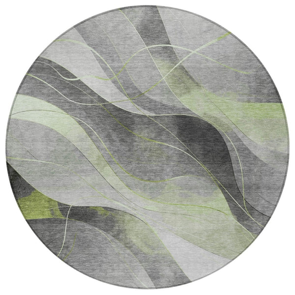 HomeRoots 5' Versatile Artichoke Green Gray Silver Abstract Rug - Durable, Washable for Indoor & Outdoor Use 8' Round 616750