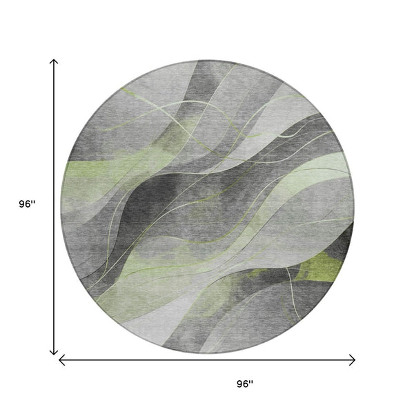 HomeRoots 5' Versatile Artichoke Green Gray Silver Abstract Rug - Durable, Washable for Indoor & Outdoor Use 8' Round 616750
