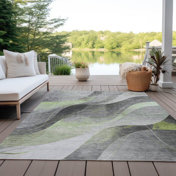 HomeRoots 5' Versatile Artichoke Green Gray Silver Abstract Rug - Durable, Washable for Indoor & Outdoor Use 9' X 12' 616752