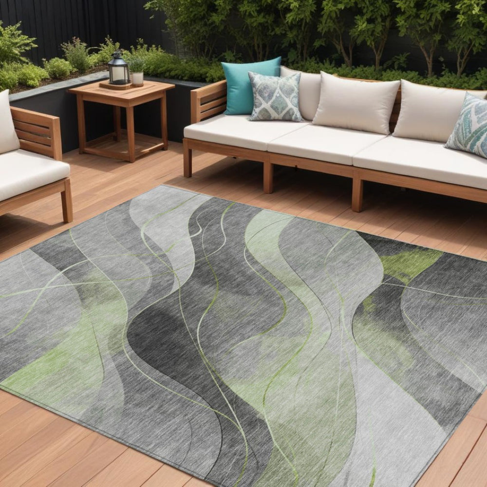 HomeRoots 5' Versatile Artichoke Green Gray Silver Abstract Rug - Durable, Washable for Indoor & Outdoor Use 10' X 14' 616753