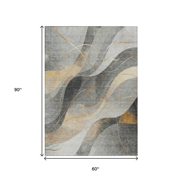 HomeRoots 5' Modern Abstract Washable Area Rug in Gray Silver and Rust for Indoor and Outdoor Spaces 5' X 8' 616755