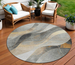 HomeRoots 5' Modern Abstract Washable Area Rug in Gray Silver and Rust for Indoor and Outdoor Spaces 8' Round 616756
