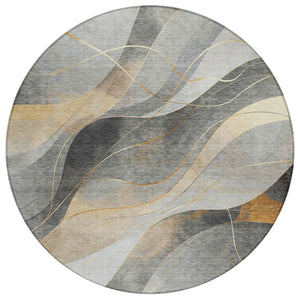 HomeRoots 5' Modern Abstract Washable Area Rug in Gray Silver and Rust for Indoor and Outdoor Spaces 8' Round 616756