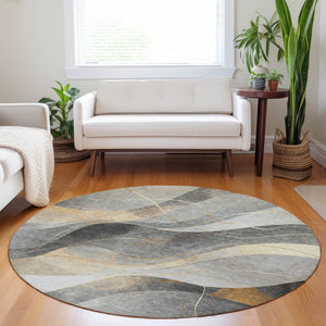 HomeRoots 5' Modern Abstract Washable Area Rug in Gray Silver and Rust for Indoor and Outdoor Spaces 8' Round 616756