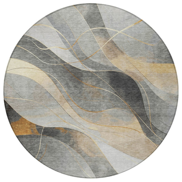 HomeRoots 5' Modern Abstract Washable Area Rug in Gray Silver and Rust for Indoor and Outdoor Spaces 8' Round 616756
