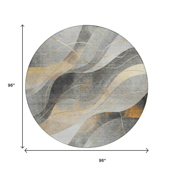 HomeRoots 5' Modern Abstract Washable Area Rug in Gray Silver and Rust for Indoor and Outdoor Spaces 8' Round 616756