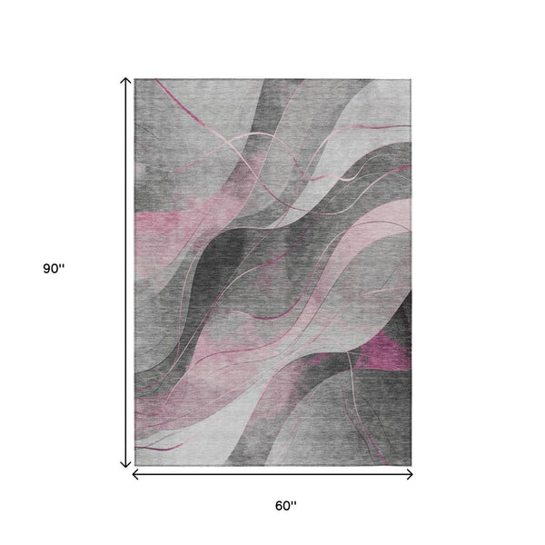 HomeRoots 5' Abstract Washable Area Rug in Pink, Gray & Silver - Durable, Contemporary Design for Indoor & Outdoor Spaces 5' X 8' 616761