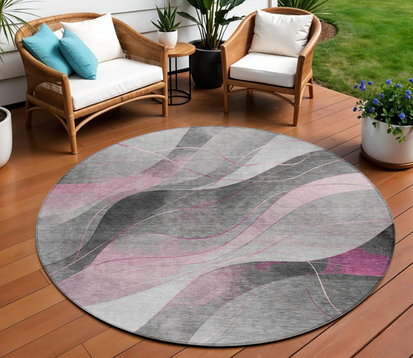 HomeRoots 5' Abstract Washable Area Rug in Pink, Gray & Silver - Durable, Contemporary Design for Indoor & Outdoor Spaces 8' Round 616762