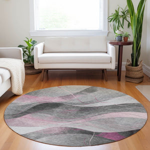 HomeRoots 5' Abstract Washable Area Rug in Pink, Gray & Silver - Durable, Contemporary Design for Indoor & Outdoor Spaces 8' Round 616762
