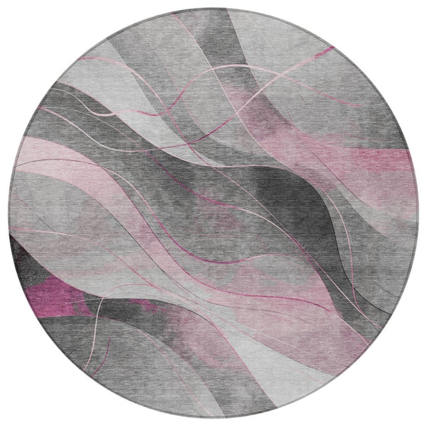 HomeRoots 5' Abstract Washable Area Rug in Pink, Gray & Silver - Durable, Contemporary Design for Indoor & Outdoor Spaces 8' Round 616762