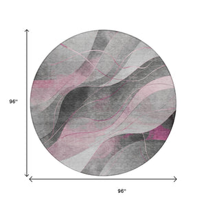 HomeRoots 5' Abstract Washable Area Rug in Pink, Gray & Silver - Durable, Contemporary Design for Indoor & Outdoor Spaces 8' Round 616762