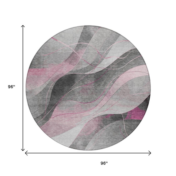 HomeRoots 5' Abstract Washable Area Rug in Pink, Gray & Silver - Durable, Contemporary Design for Indoor & Outdoor Spaces 8' Round 616762