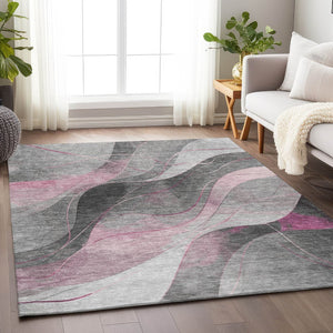 HomeRoots 5' Abstract Washable Area Rug in Pink, Gray & Silver - Durable, Contemporary Design for Indoor & Outdoor Spaces 9' X 12' 616764