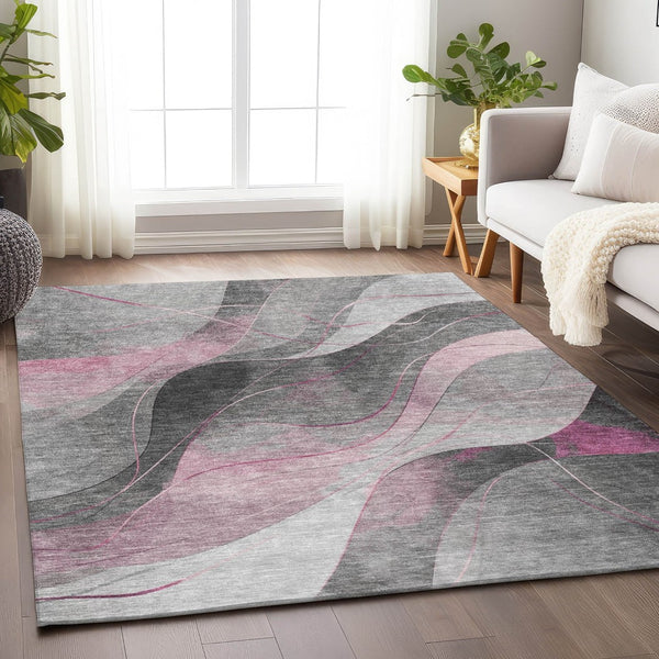 HomeRoots 5' Abstract Washable Area Rug in Pink, Gray & Silver - Durable, Contemporary Design for Indoor & Outdoor Spaces 9' X 12' 616764