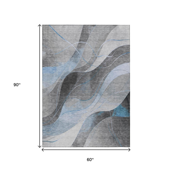 HomeRoots 5' Sky Blue and Gray Abstract Washable Area Rug for Indoor and Outdoor Stylish Living Spaces 5' X 8' 616767