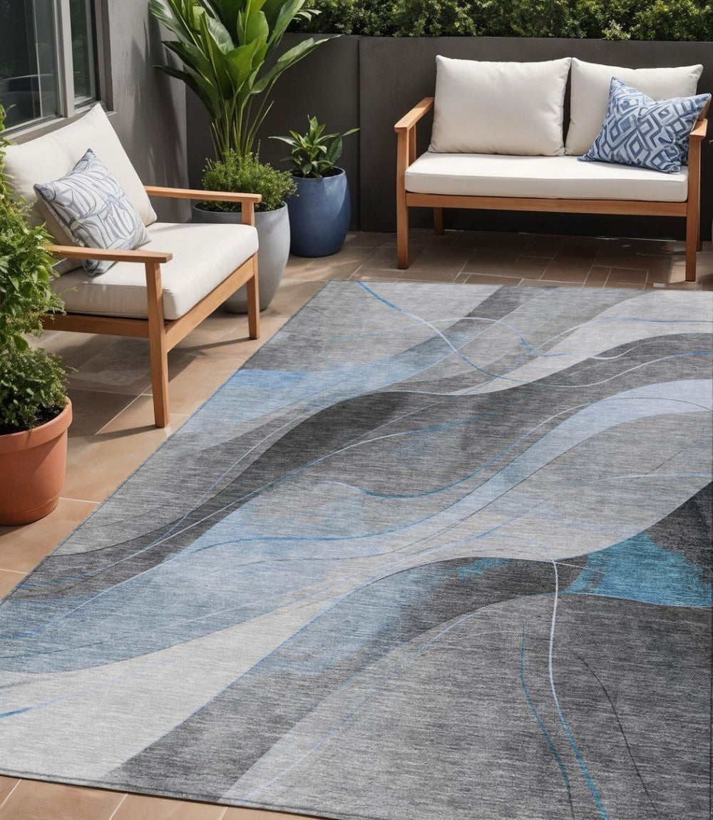 HomeRoots 5' Sky Blue and Gray Abstract Washable Area Rug for Indoor and Outdoor Stylish Living Spaces 5' X 8' 616767