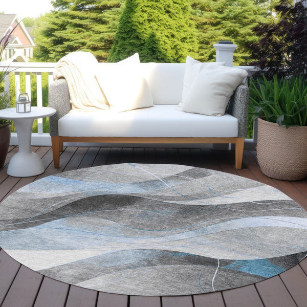 HomeRoots 5' Sky Blue and Gray Abstract Washable Area Rug for Indoor and Outdoor Stylish Living Spaces 8' Round 616768