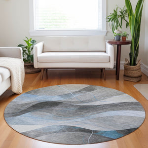 HomeRoots 5' Sky Blue and Gray Abstract Washable Area Rug for Indoor and Outdoor Stylish Living Spaces 8' Round 616768