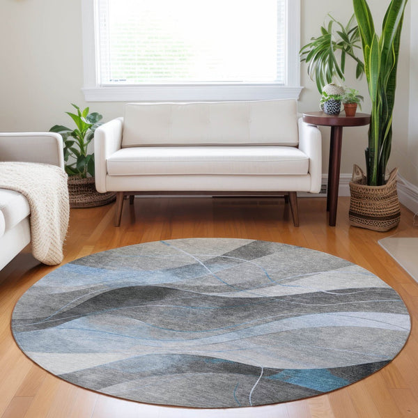 HomeRoots 5' Sky Blue and Gray Abstract Washable Area Rug for Indoor and Outdoor Stylish Living Spaces 8' Round 616768