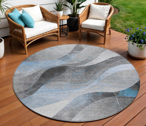HomeRoots 5' Sky Blue and Gray Abstract Washable Area Rug for Indoor and Outdoor Stylish Living Spaces 8' Round 616768