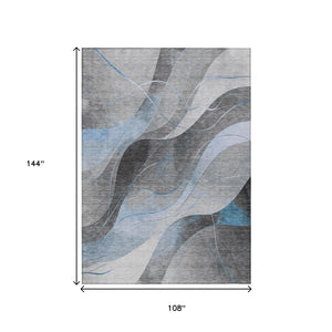 HomeRoots 9' X 12' Sky Blue Gray Silver Abstract Area Rug – Stylish, Washable, Indoor/Outdoor, Stain-Resistant 616770